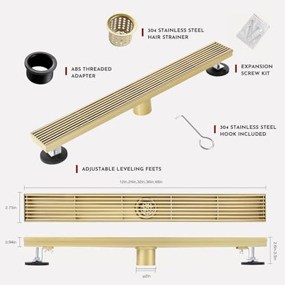 Linear Shower Drain, 24 inch Brushed Gold | Including Hair Catcher and Removable Grate, 304 Stainless Steel, Easy to Install and Clean (Drain Base Not Included) - color: Brushed Gold, size: 24 inch