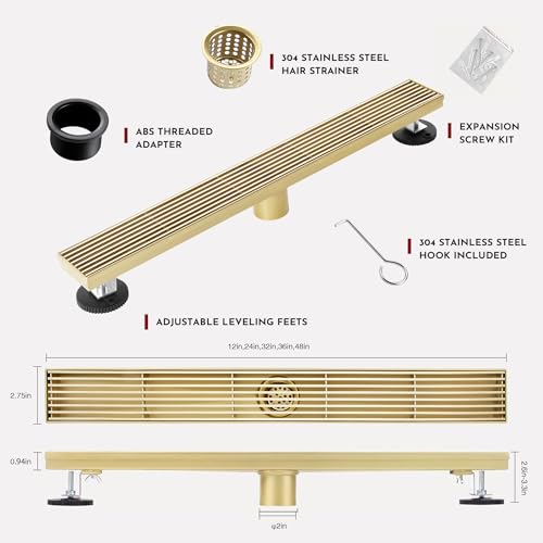 Linear Shower Drain, 36 inch Brushed Gold | Including Hair Catcher and Removable Grate, 304 Stainless Steel, Easy to Install and Clean (Drain Base Not Included) - color: Brushed Gold, size: 36 inch