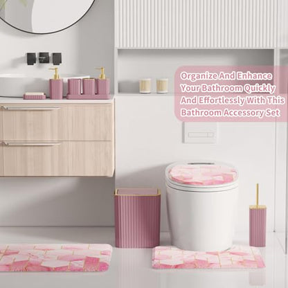 XLHOMO Bathroom Set - 26PC Bathroom Set with Shower Curtain and Rugs, Bathroom Accessory Set, Pink Bathroom Accessories Set, Trash Can & Soap Dispenser - style: Pink&Gold