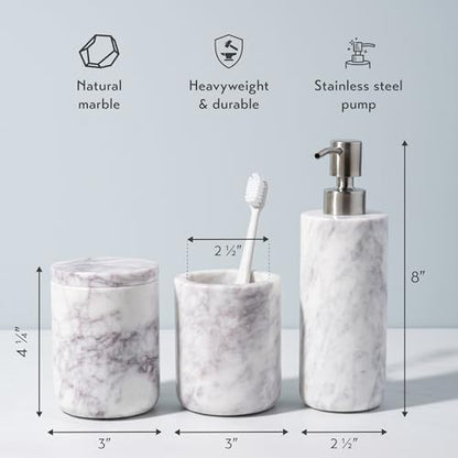 Cork & Mill Marble Bathroom Accessories Set, White Vanity Decor | Solid Natural Stone Soap Dispenser, Toothbrush Holder and Lidded Canister for Qtips, Countertop Set of 3