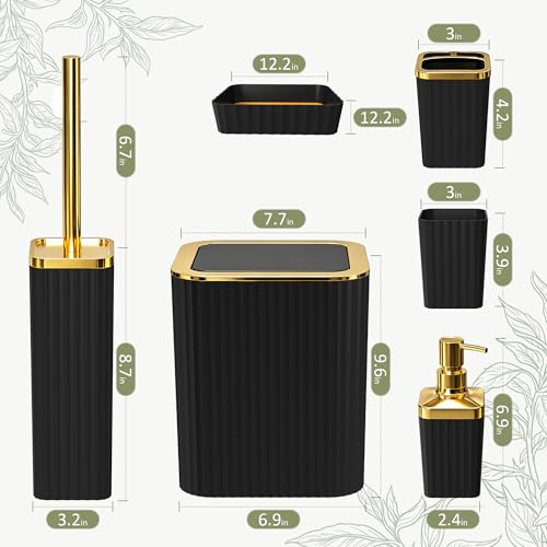 Bathroom Accessory Set, 6-Pcs Golden Black | Trash Can, Soap Dispenser, Toothbrush Holder & Cup, Soap Dish, Toilet Brush - color: Golden Black