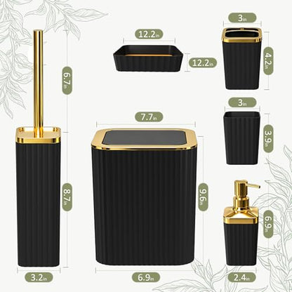 Bathroom Accessory Set, 6-Pcs Golden Black | Trash Can, Soap Dispenser, Toothbrush Holder & Cup, Soap Dish, Toilet Brush - color: Golden Black