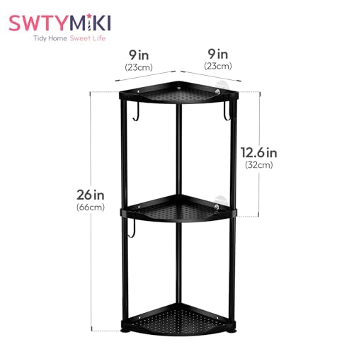 SWTYMIKI Corner Shower Caddy Standing - 3 Tier Stainless Steel Shower Organizer Stand, Large Capacity Floor Shelf with 4 Hooks, Rustproof Bathroom Storage Rack, Black