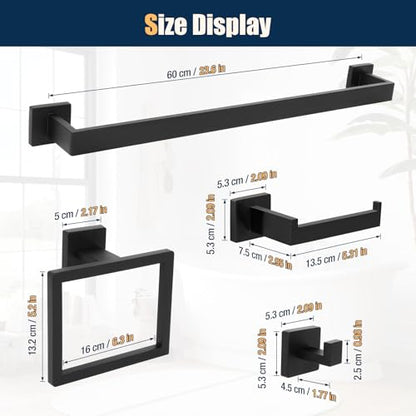 10 Pcs Matte Black Bathroom Hardware Accessories Set 23.6 Inch Wall Mounted | Bath Towel Bar Kit with Square Towel Racks Ring and Towel Hooks, Paper Holder, 304 Stainless Steel - color: Black
