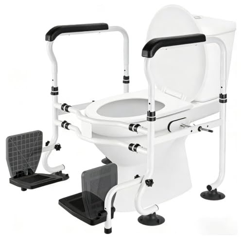 Toilet Safety Rails with Footrests, Adjustable Height & Width, Foldable Heavy Duty Toilet Safety Frame with Handles, Supports 500 lbs, Fits Most Standard Toilets-Suit for Elderly, Seniors & Disabled
