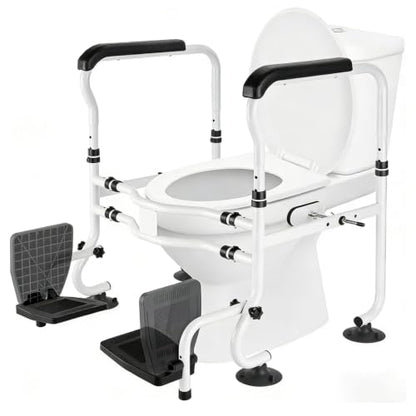 Toilet Safety Rails with Footrests, Adjustable Height & Width, Foldable Heavy Duty Toilet Safety Frame with Handles, Supports 500 lbs, Fits Most Standard Toilets-Suit for Elderly, Seniors & Disabled