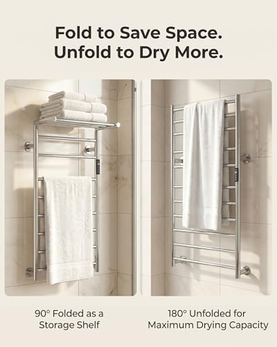 Heated Towel Rack Foldable Smart Dual-Zone App No-Drill Chrome CA3 - color: Chrome, size: Pro-11Bar H43.31 x W21.65
