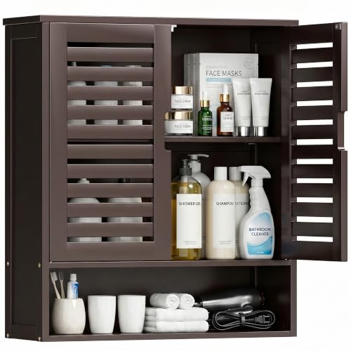 SMIBUY Bathroom Cabinet Wall Mounted, Bamboo Over-The-Toilet Storage Organizer, Space Saver Medicine Cabinet with 2 Door and Adjustable Shelves (Dark Brown) - color: Brown