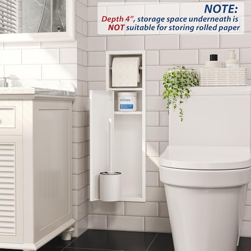 Qeke in Wall Toilet Brush Holder w/Cabinet, White, 4" Depth | 304 Stainless Steel Rustproof Recessed Toilet Brush Holder, Tissue Paper Holder w/ Toilet Brush for Bathroom - color: Matte White