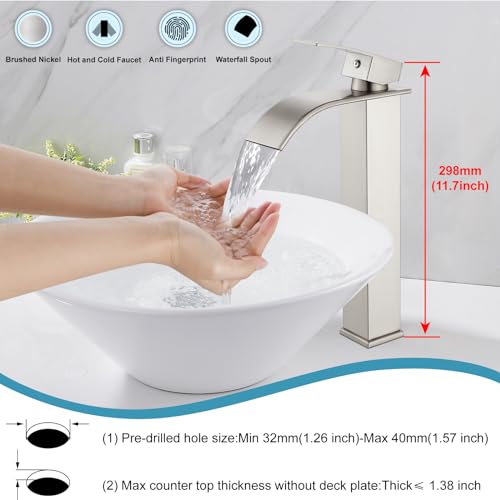Midanya Waterfall Tall Bathroom Vessel Sink Faucet,Brushed Nickel | with 24” cUPC Water Hoses,Pop Up Drain without Overflow,for 1 hole Vanity,RV,Lavatory,Bowl,Farmhouse,SUS304,Single Handle - color: Nickel