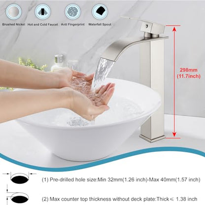 Midanya Waterfall Tall Bathroom Vessel Sink Faucet,Brushed Nickel | with 24” cUPC Water Hoses,Pop Up Drain without Overflow,for 1 hole Vanity,RV,Lavatory,Bowl,Farmhouse,SUS304,Single Handle - color: Nickel
