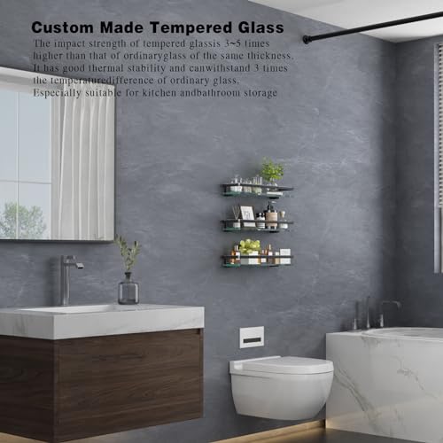Bathroom Wall Shelf 15.7in Bathroom Glass Shelves Wall Mount Glass Shelf Rustproof Bathroom Wall Organizer 3 Tier (Black) - style: 3 tier without towel bar black