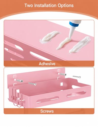 Pink Paper Towel Holder Wall Mount with Shelf, Easy One Hand Tear, Adhesive Glue or Drill Mount Hanging Paper Towel Holder with Shelf for Kitchen/Bathroom/RV, Metal, 4 Hooks - color: Pink