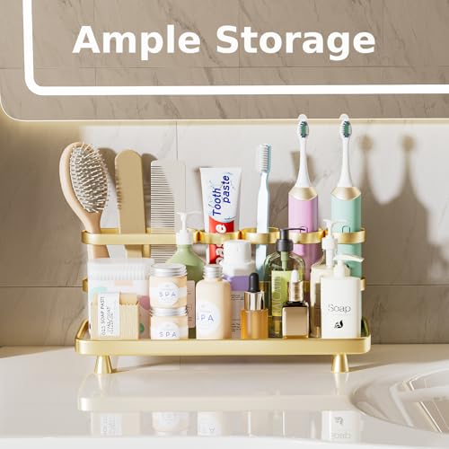 YOOLENS Electric Toothbrush Holder for Bathroom Countertop 5 Metal Slots Toothpaste Razor Mouthwash Organizer, Gold - color: Gold
