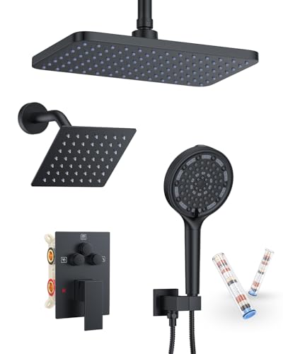 KOJOX Matte Black Dual Shower Head System – 11" Ceiling Rainfall + 6" Wall Mount Heads, 6-Mode Handheld Spray, Push-Button Diverter Faucet Set - color: Matte Black, size: 6''+11''