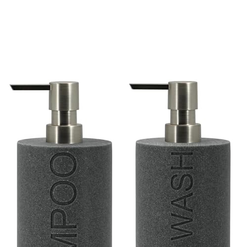 Resin 2 Pack Shampoo, Conditioner or Body Wash Dispenser Set, Luxurious Refillable Pump Bottles with Matte Pump Top and Embossed Text, Durable Design for Bathroom and Shower - color: Gray Shampoo & Body Wash