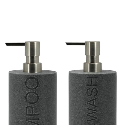 Resin 2 Pack Shampoo, Conditioner or Body Wash Dispenser Set, Luxurious Refillable Pump Bottles with Matte Pump Top and Embossed Text, Durable Design for Bathroom and Shower - color: Gray Shampoo & Body Wash
