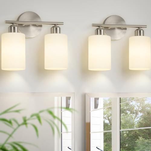 Brushed Nickel Wall Sconces Set of Two, 2-Light Modern Bathroom Light Fixtures, Wall Lamp with Milky White Frosted Glass Shades for Bathroom, Mirror, Bedroom, E26. - color: Milky White & Brushed Nickel, size: 2 Light - 2 pack