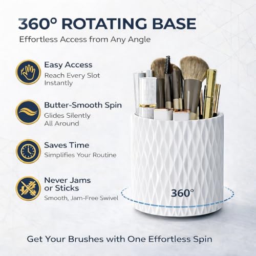 White Makeup Brush Holder, 360° Rotating Makeup Organizer | 5-slot spinning organizer for vanity, bathroom & desk — holds 30-50 makeup brushes, lipstick, hair brush & art supplies - style: White