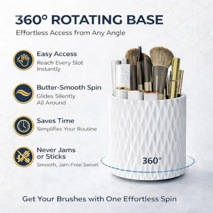 White Makeup Brush Holder, 360° Rotating Makeup Organizer | 5-slot spinning organizer for vanity, bathroom & desk — holds 30-50 makeup brushes, lipstick, hair brush & art supplies - style: White