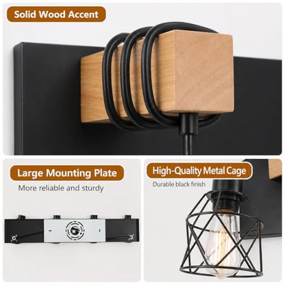 Farmhouse Vanity Light Fixture,4-Light Bathroom Lighting,Black Industrial Wood Wall Light Over Mirror with Metal Shade,LED Bulbs Not Included - color: Black, size: 4-Light-Wide 28"