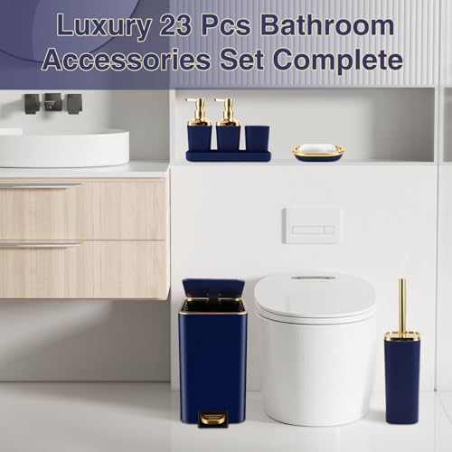 Bathroom Sets with Shower Curtain and Rugs Bathroom Accessories Set Navy Blue Bathroom Set,Soap Dispenser & Toilet Brush Holder Set with Stainless Steel Trash Can(23 PCS) - size: Navy Blue, style: Bath Set+Ombre Waffle Shower Curtain+Bath Rugs