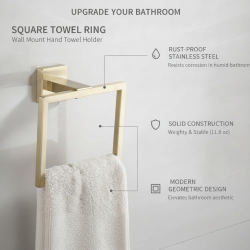 Homeowners Square Towel Ring, Stainless Steel Wall Mount Hand Towel Holder for Bathroom Vanity - color: Gold