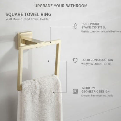 Homeowners Square Towel Ring, Stainless Steel Wall Mount Hand Towel Holder for Bathroom Vanity - color: Gold