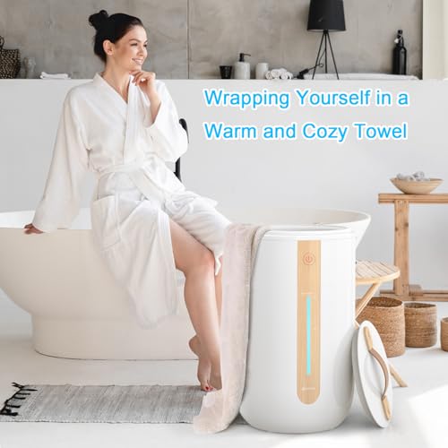 Keenray Towel Warmer for Bathroom, Towel Warmer Bucket with Heating Progress Bar, Child Lock, Fragrance Disc Holder, Auto Shut-Off Towel Bucket Fits Up to Two 40" x 70" Towels, Bathrobes, Blankets - color: White/Wood, size: 18L