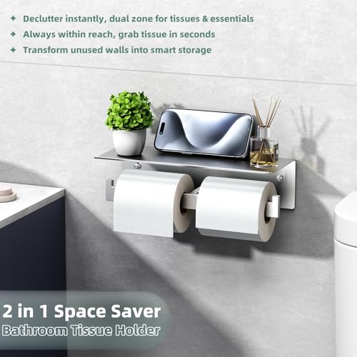 Dual Roll Toilet Paper Holder, Brushed Nickel, 304 Stainless Steel | Multiuse Top Shelf, Air Freshener & Tissue Storage, Space-Saving Wall Design, Home & Office Restroom Use - color: Brushed Nickel, size: Double Rod