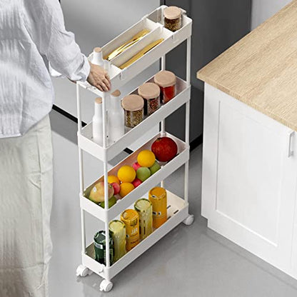 Slim Storage Cart 4 Tier,Bathroom Organizer Rolling Utility, Mobile Shelving Unit Slide Out for Office, Kitchen, Laundry Room & Narrow Places,White - color: White