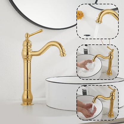 Single Handle Bathroom Vessel Sink Faucet, Polished Gold | 360° Swivel, Single-Handle One Hole, Matching Pop Up Drain, Farmhouse Style - color: Polished Gold, size: Vessel