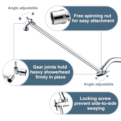 BRIGHT SHOWERS 15 Inch Extra Long Shower Head Extension Arm, Solid Brass Shower Arm Extender with Locking Screw for Rain and Handheld Showerhead, Height & Angle Adjustable, Chrome - color: Chrome, style: 15 Inch