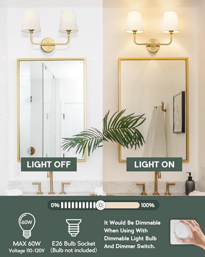 2 Light Bathroom Vanity Light, Brushed Gold Double Wall Sconce with Flared White Fabric Shade, Modern Sconces Wall Lighting for Hallway Bedroom Stairway, VL837-BG | 17" double wall sconce, upward only, E26 base, hardwired, bulbs not included, VL837-BG - c