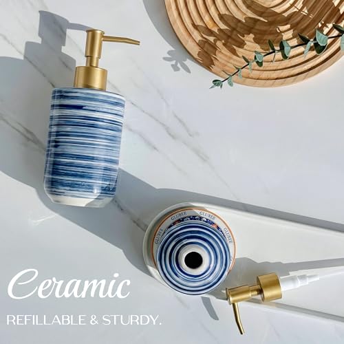 Ceramic Soap Dispenser Set - Compact Refillable Hand & Dish Soap Dispenser for Bathroom & Kitchen, Non-Slip Absorbent Mat & Silicone Funnel, Space-Saving Countertop Design, 11.8 oz