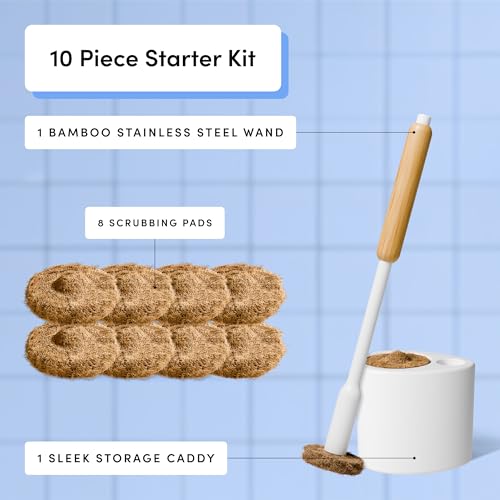 TUSHY Toilet Brush 2.0 Set with Holder, 8 Coconut Husk Scrubbing Pads | Cleanser-Infused and Disposable, Planet Friendly Refills in Lemon and Tea Tree Scents - style: Brush Starter Kit