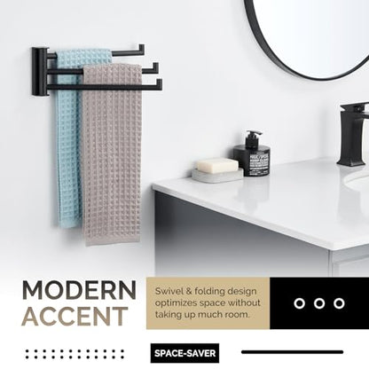 Angle Simple Kitchen Towel Rack, Swivel 3 Bars, Matte Black, 9.84" | SUS304 Stainless Steel Hand Towel Holder for Bathroom Laundry Wall, Foldable Arms Washcloth Hanger, Screws Mounted - color: Matte Black