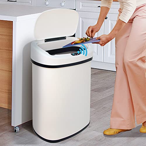 Kitchen Trash Can, 13 Gallon Automatic Can with Lid and Motion Sensor Office Bedroom Bathroom Living Room, Touchless Metal Lid, WHITE, 17.3 x 13 x 23.6 - color: WHITE