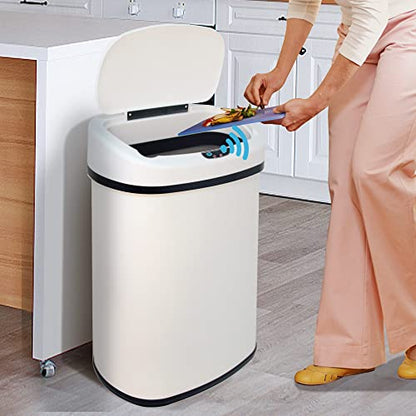 Kitchen Trash Can, 13 Gallon Automatic Can with Lid and Motion Sensor Office Bedroom Bathroom Living Room, Touchless Metal Lid, WHITE, 17.3 x 13 x 23.6 - color: WHITE
