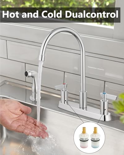 Kitchen Faucet with Side Sprayer, 8 Inch Centerset 4-Hole Chrome | Lead-Free 4-Hole High Arc Kitchen Sink Faucet, 1.8 GPM, 360° Spout - color: Chrome