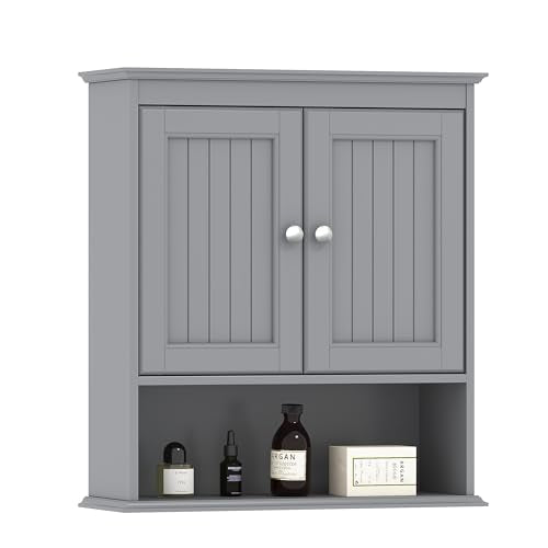 Spirich Bathroom Medicine Cabinet Over Toilet, Wall Mounted Cabinet, Gray | FSC-Certified Engineered Wood, Hidden & Open Storage, Adjustable Shelf, Modern Beadboard Design for Bathroom Kitchen Laundry - color: Grey