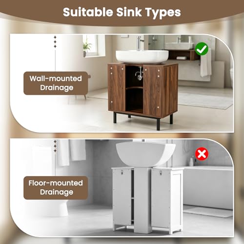 24-inch Pedestal Sink Storage Cabinet, Under Sink Cabinet (Brown) | U-Shaped Cut-Out | 2 Rattan Doors & Shelf | Solid Metal Legs - color: Brown