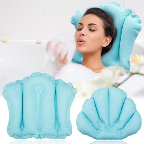 Jetec 2 Pcs Inflatable Bath Pillow with Suction Cup Terry Cloth Covered Bath Pillow Shell Shape Bathtub Spa Pillows Comfortable Soft Cushion Neck Support Fits All Pool Bathroom Home Spa Hot Tub(Blue)