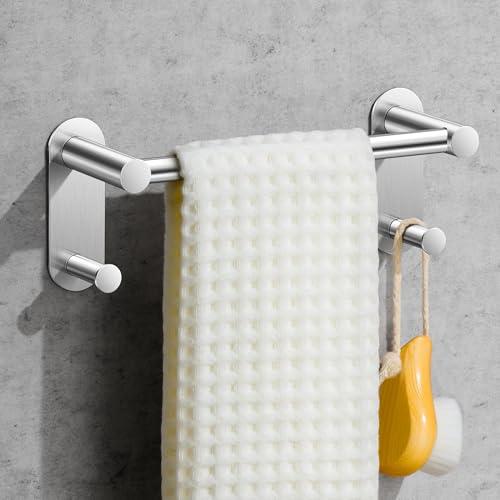 9 Inch Adhesive Towel Bar - Stainless Steel Stick on Towel Rack for Bathroom, No Drilling Towel Holder with 2 Hooks, Brushed Nickel - color: Brushed Nickel, size: 9 inch