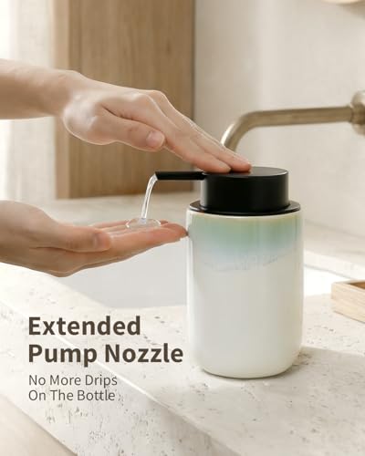 BosilunLife Hand Soap Dispenser for Kitchen, Bathroom Countertop | Foam Soap Dispenser Bathroom Ceramic Dish Liquid Soap Dispenser (White with Blue-Green Rim Liquid Pump) - color: White With Blue-green Rim