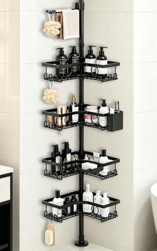 Black Corner Shower Caddy Tension Pole 4-Tier shower organizer | Adjustable 23-122 Inch Shower organizer;No Drill; Large Shampoo Shower Organizer; Corner Shower Caddy