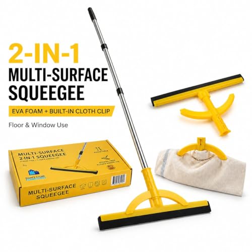 2-in-1 Heavy Duty Floor Squeegee and Water Broom with Telescopic Handle, EVA Foam Blade for Tile, Concrete, Marble, Garage, Patio and Shower Cleaning