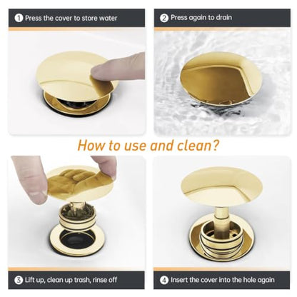 Brushed Gold Pop Up Bathroom Sink Drain with Overflow, 2 Pack | 2-pack bathroom sink stoppers fit 1-5/8 to 2 in drain holes; 304 stainless steel for vanity and vessel sink drains - color: Gold, style: 2PCS