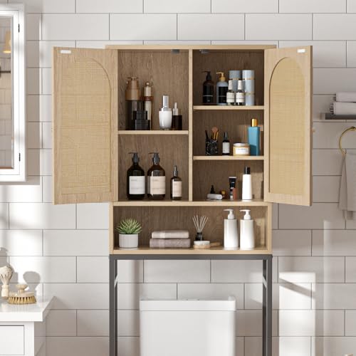 FiveWillowise Rattan Toilet Storage Cabinet, Over The Rack Wood Cabinet with Metal Stand, Bathroom Organizer with Adjustable Shelf, Tall Freestanding Washer Shelf, Small Cupboard, Natural - color: Rattan Door-natural, style: Casual