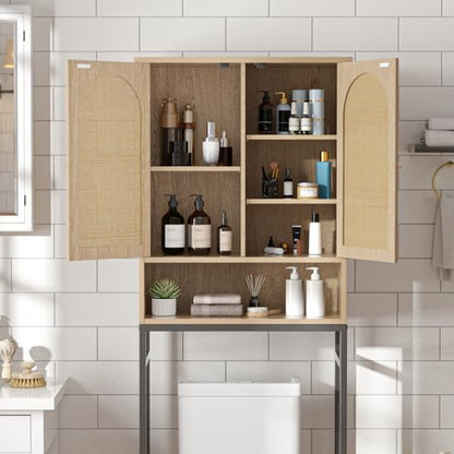 FiveWillowise Rattan Toilet Storage Cabinet, Over The Rack Wood Cabinet with Metal Stand, Bathroom Organizer with Adjustable Shelf, Tall Freestanding Washer Shelf, Small Cupboard, Natural - color: Rattan Door-natural, style: Casual
